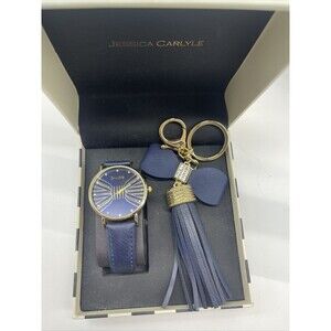 Jessica Carlyle Blue & Gold Bow Watch With Matching Key Chain/Fob Gift Set New